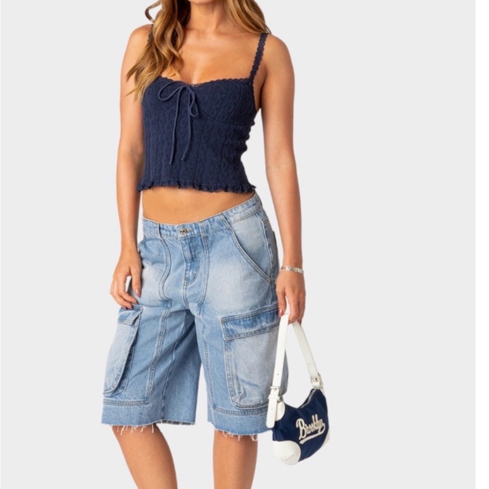 Navy Lace Trim Spaghetti Strap Crop Top
